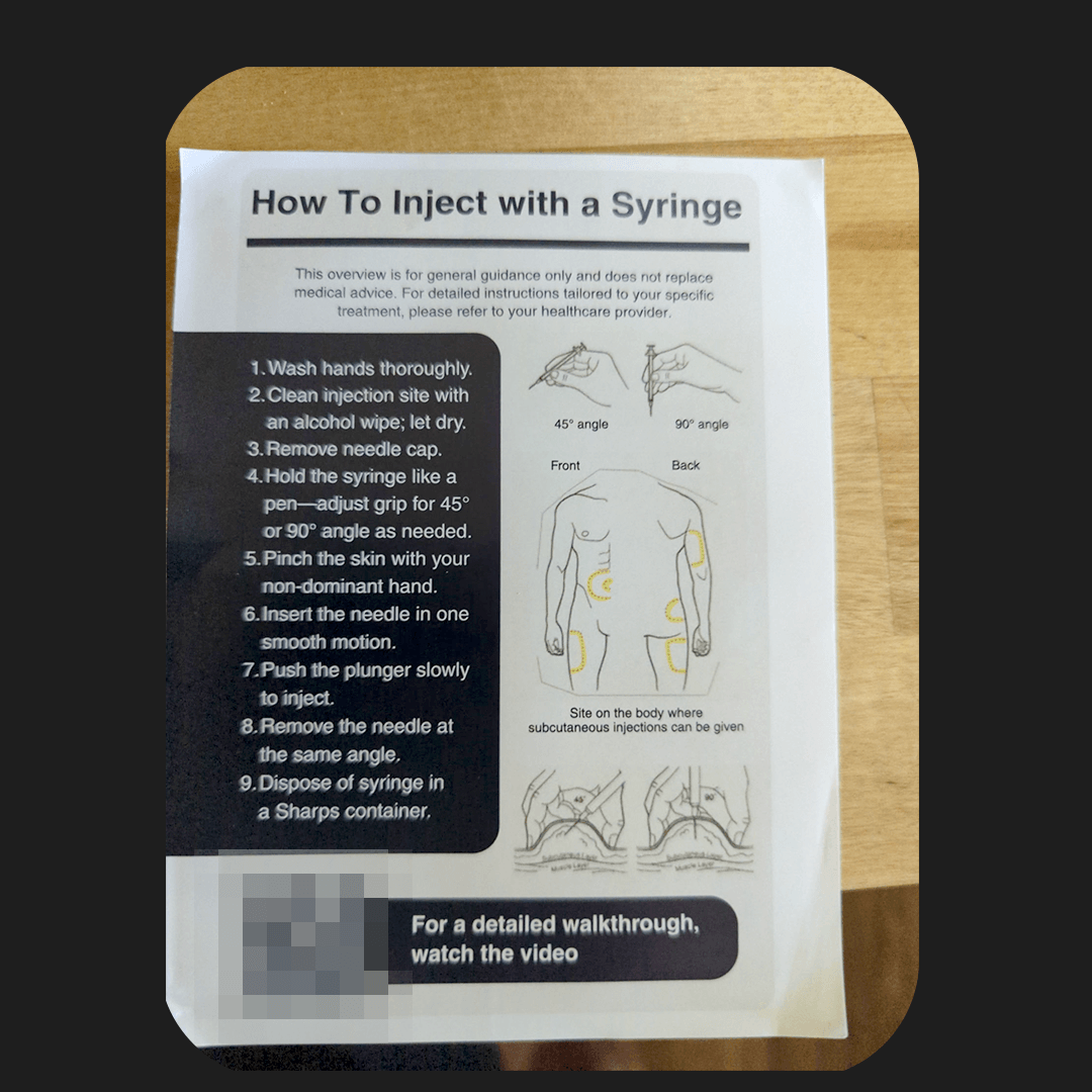 Fridays "How to Inject with a Syringe" sheet with nine steps, 45 and 90 degree angle diagrams, and body injection-site map
