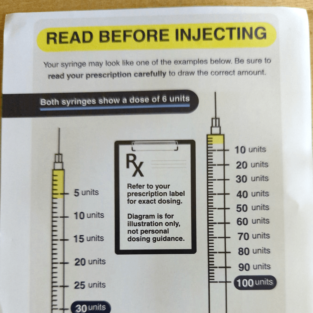 Fridays "Read Before Injecting" guide showing how to read a 6-unit dose on two different insulin syringe sizes