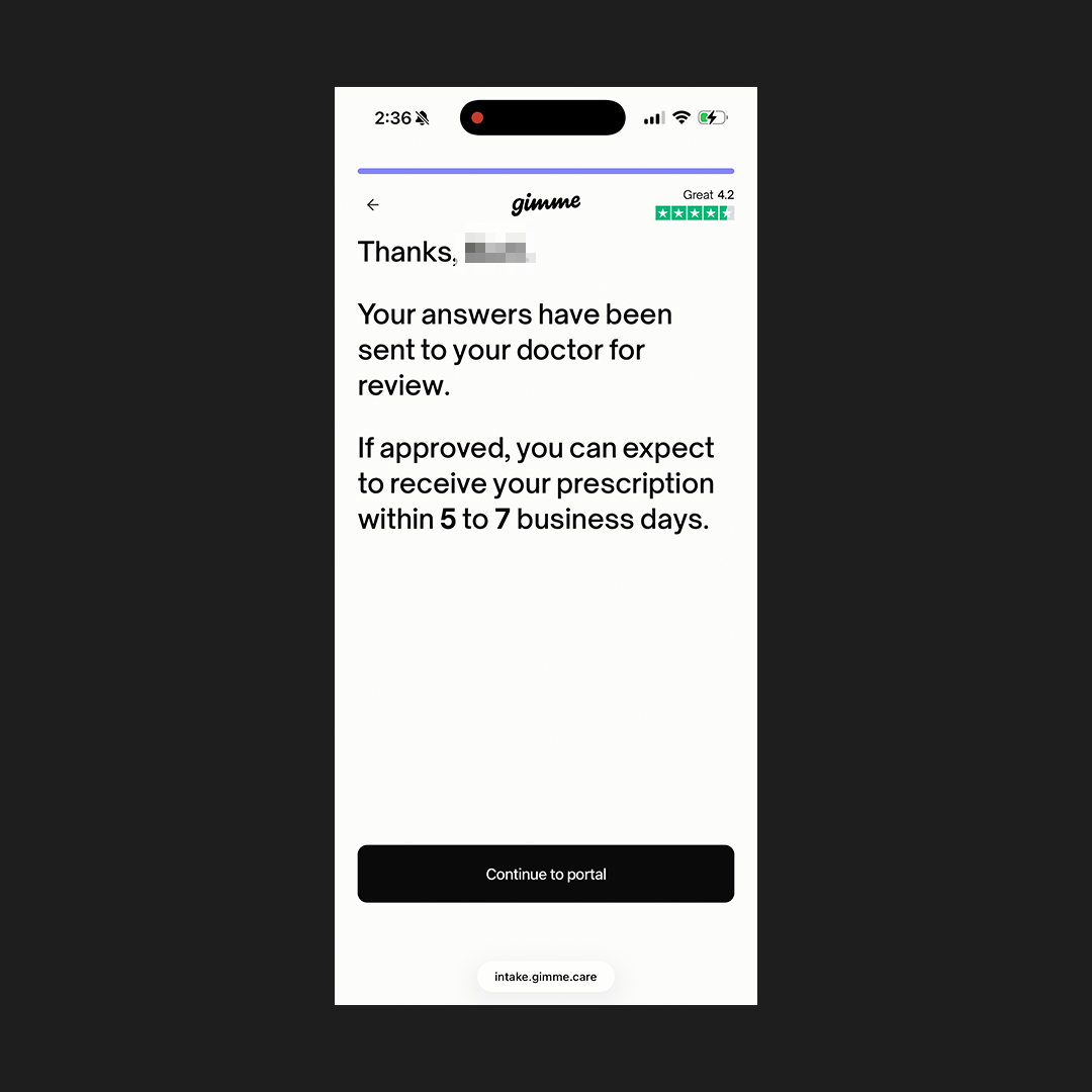 Gimme Care intake completion screen confirming answers were sent to a doctor with a 5 to 7 business day prescription window