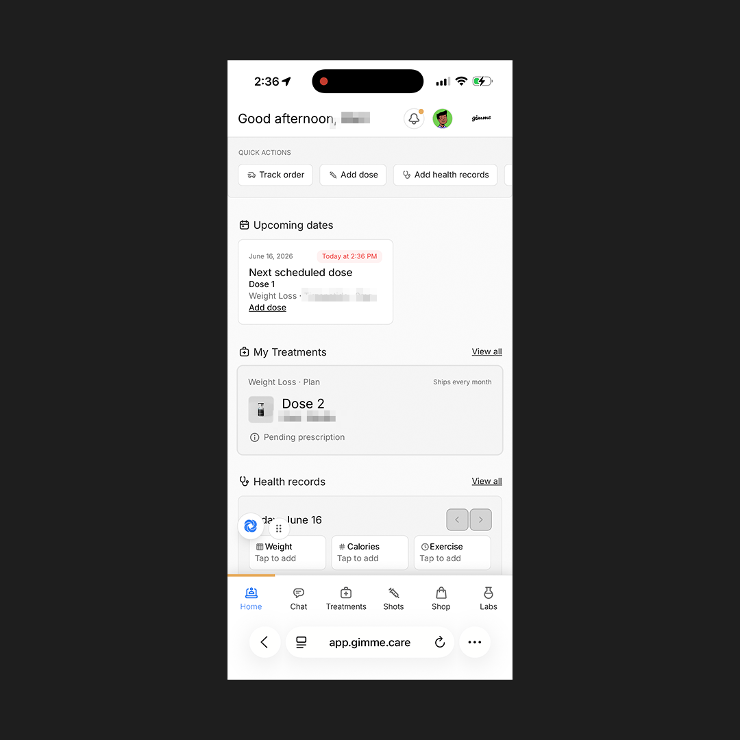 Gimme Care portal dashboard with order tracking, dose schedule, health records, and tabs for treatments, shots, shop, labs