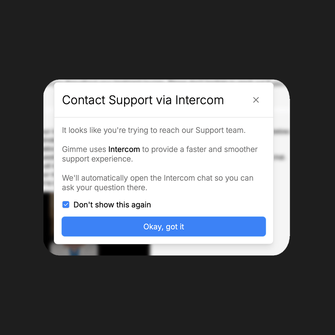 Gimme Care support popup in the portal announcing chat handled through Intercom before opening the conversation