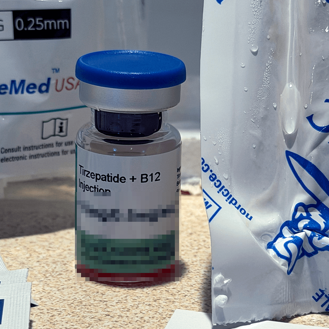 Gimme Care compounded tirzepatide with B12 vial beside the cold pack, labeled Tirzepatide + B12 Injection with a blue cap