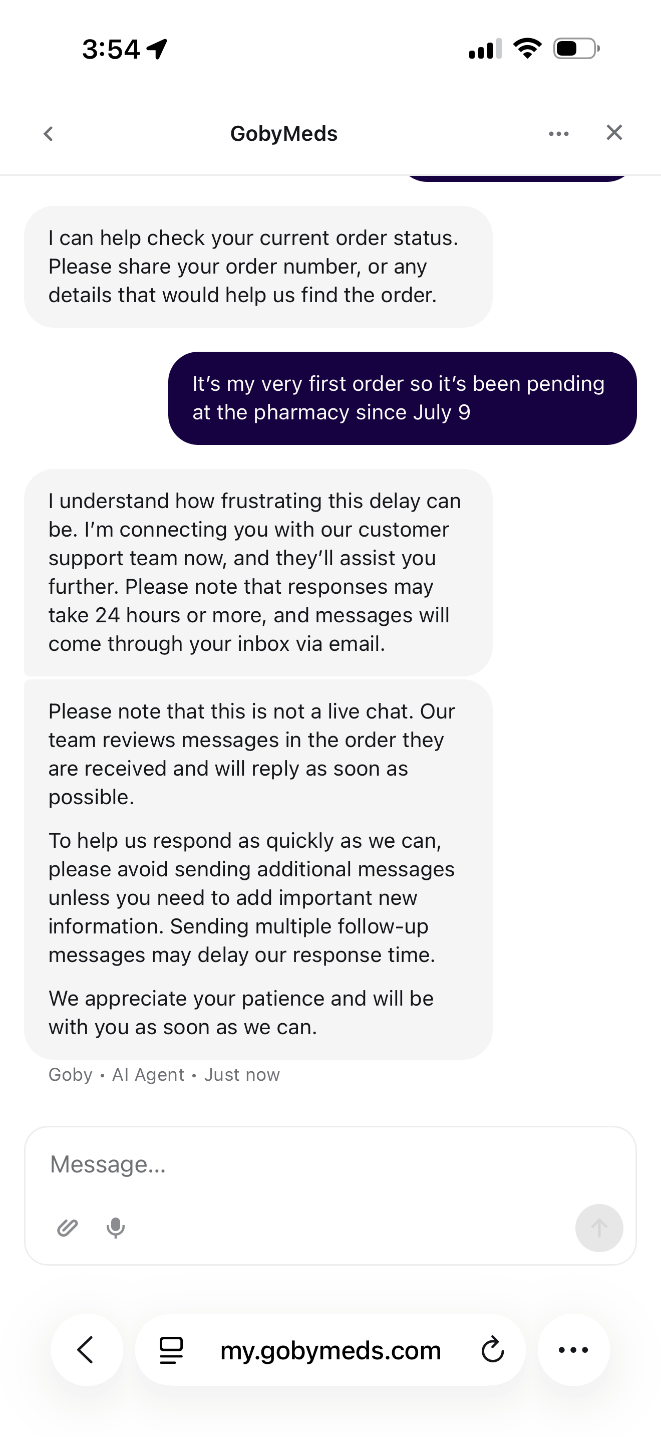 Goby Meds AI support agent handing a pending order question to the human team, warning replies take 24 hours or more by email