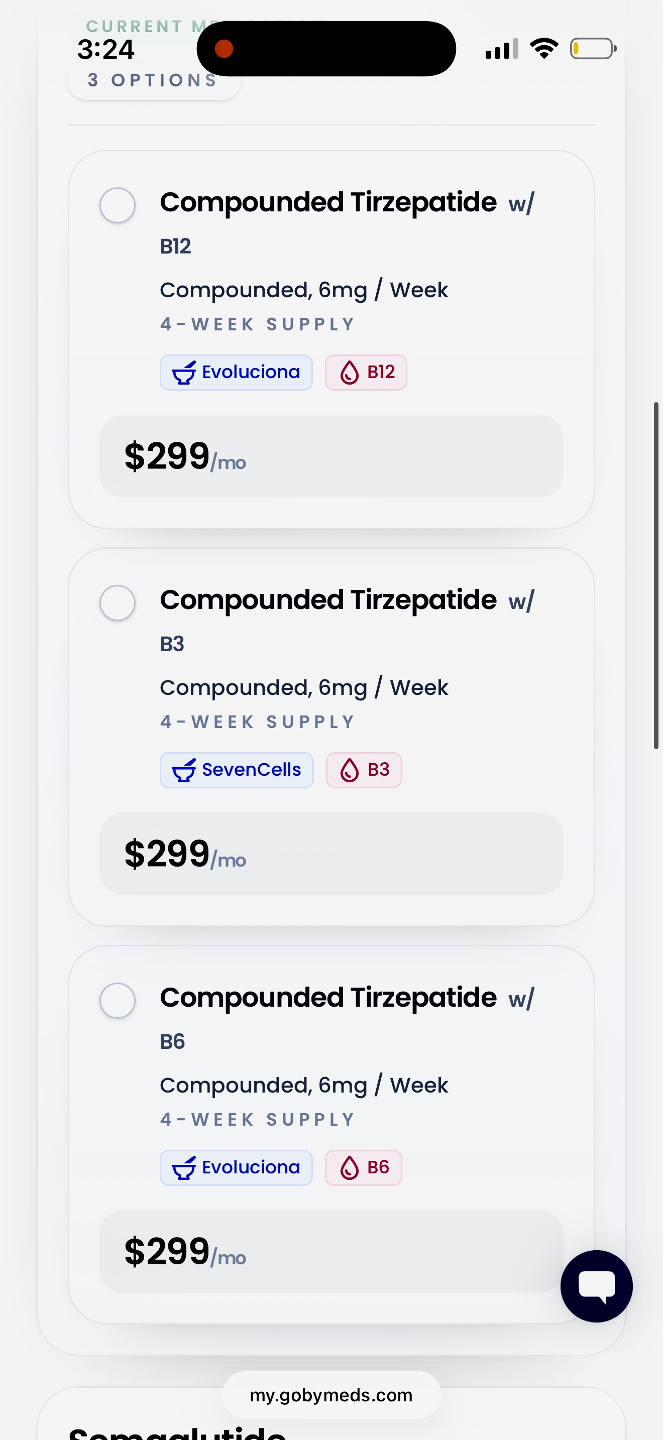 Goby Meds cards for compounded tirzepatide 6 mg weekly at $299 per month, each naming Evoluciona or SevenCells and a B12, B3, or B6 additive
