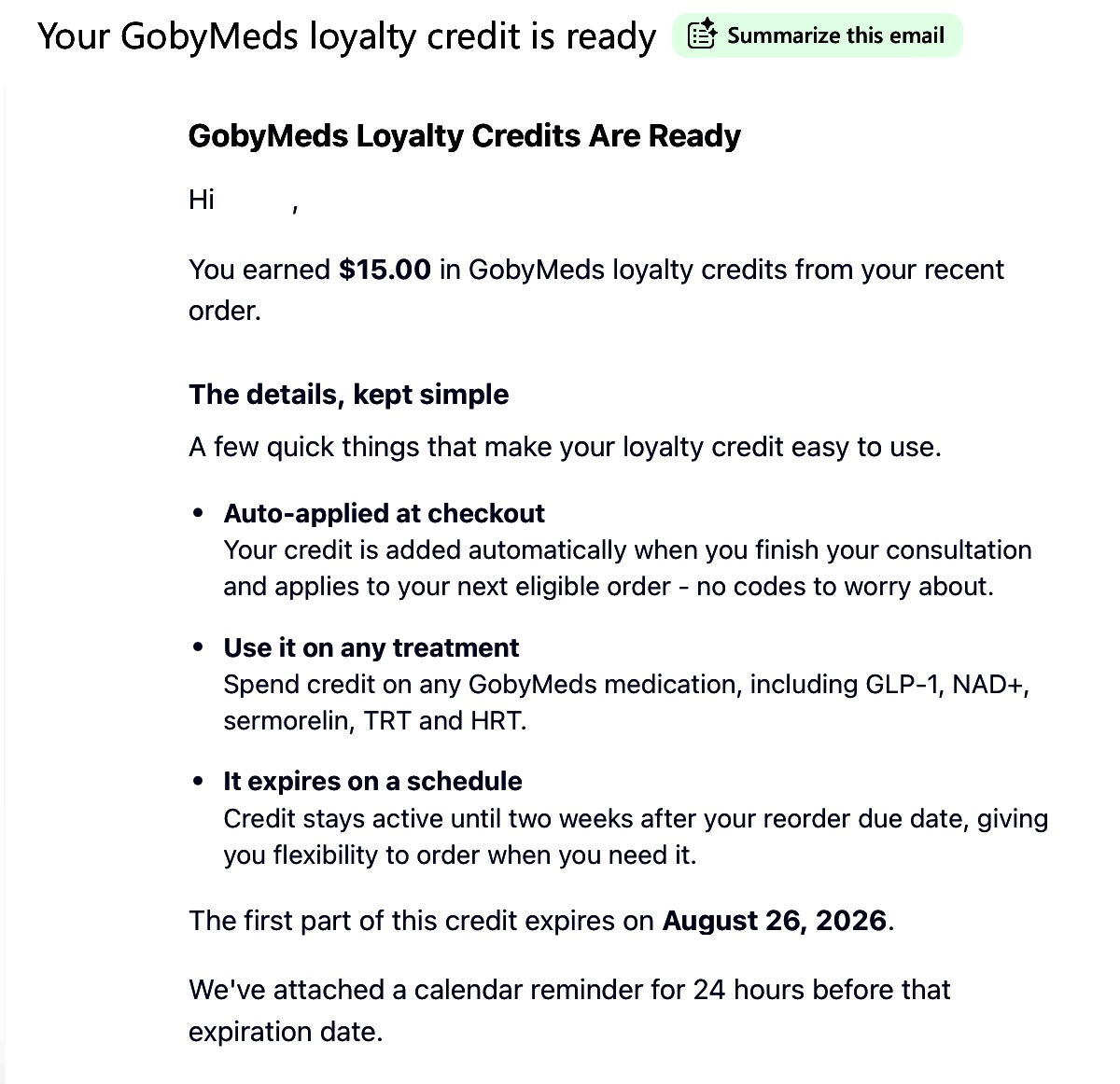 Goby Meds email confirming $15 in loyalty credits that auto-apply at checkout and stay active until two weeks after the reorder due date
