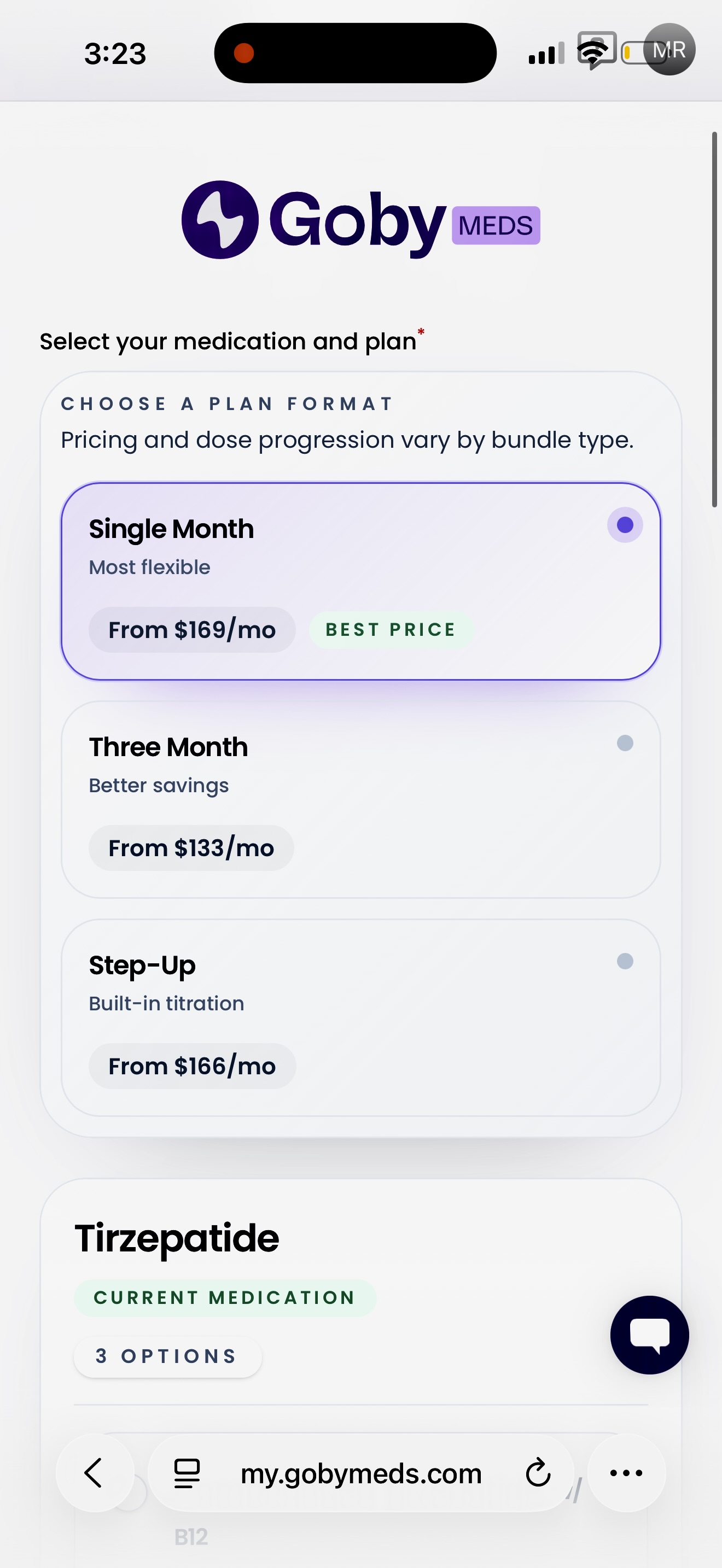 Goby Meds plan format screen showing Single Month from $169, Three Month from $133, and Step-Up titration from $166 per month