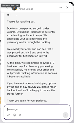 Goby Meds support explaining Evoluciona Pharmacy fulfillment delays from an order surge, with the July 13 pharmacy handoff date