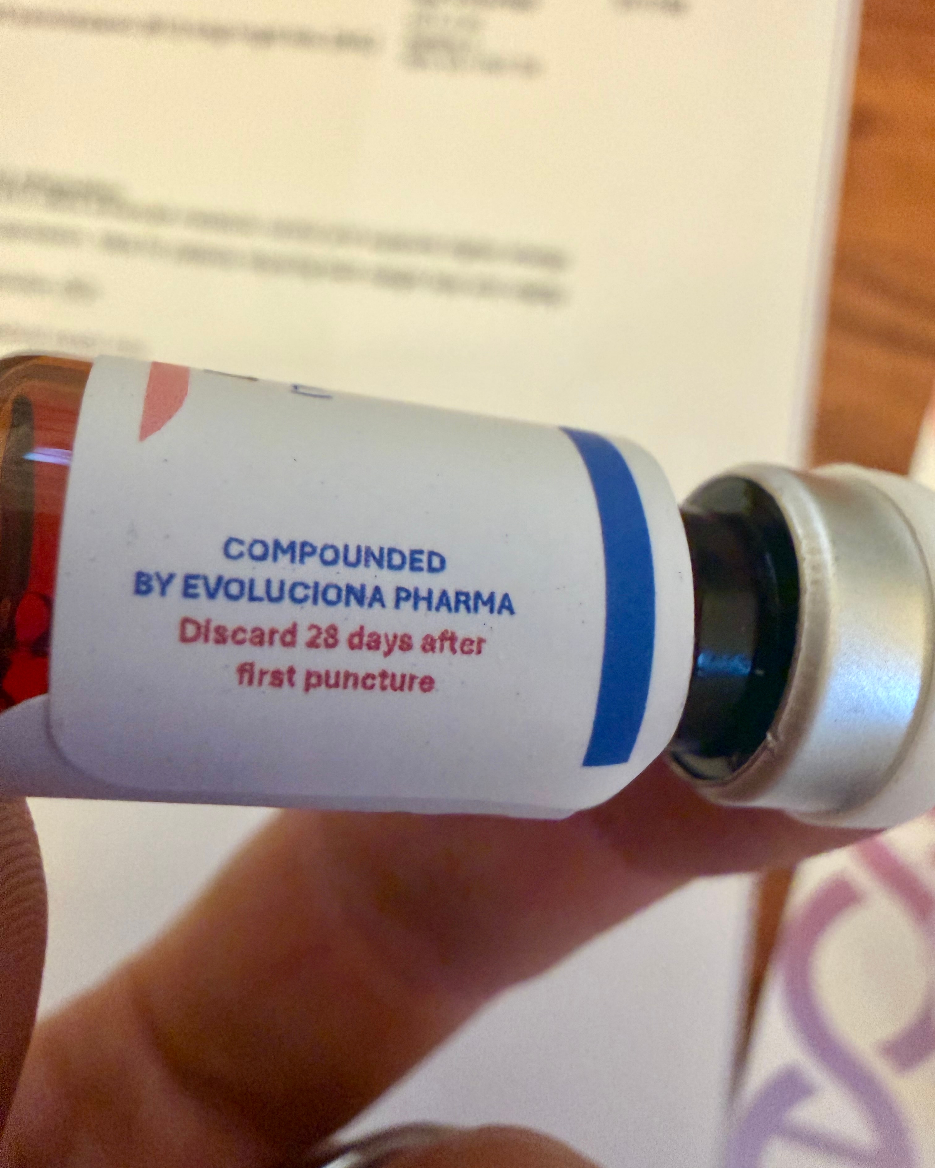 Reverse of the Goby Meds vial label reading compounded by Evoluciona Pharma with a 28-day discard after first puncture instruction