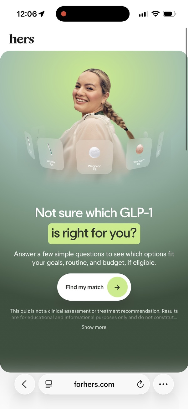 Start of the Her app questions that help you find your match for medication.