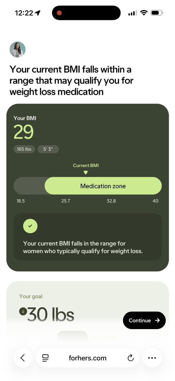 Hers BMI gauge showing a result of 29 inside a shaded band labeled medication zone