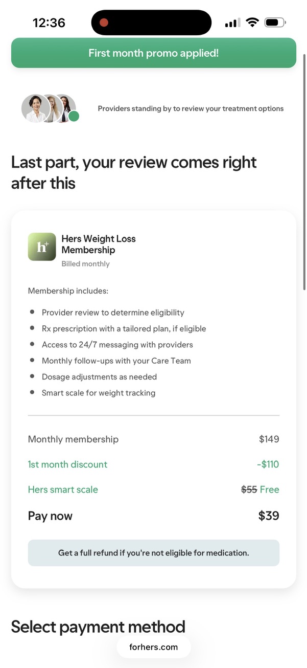 Hers checkout screen showing a $149 membership discounted to $39 for the first month with a free smart scale