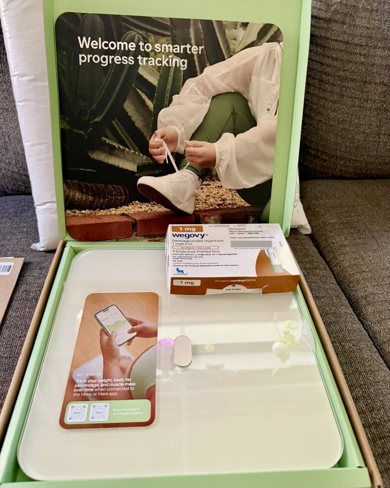 Hers glass smart scale with paired hims and hers QR code setup card