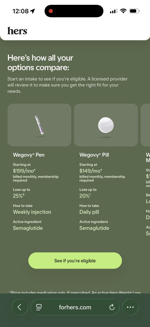 Hers medication comparison screen listing six FDA-approved GLP-1 options from $149 to $299 per month