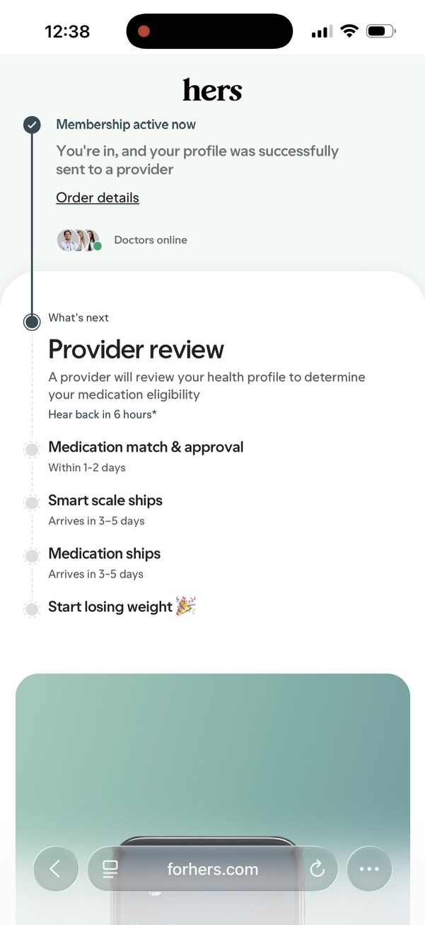 Hers membership active screen with a timeline promising provider contact in 6 hours and medication in 3 to 5 days