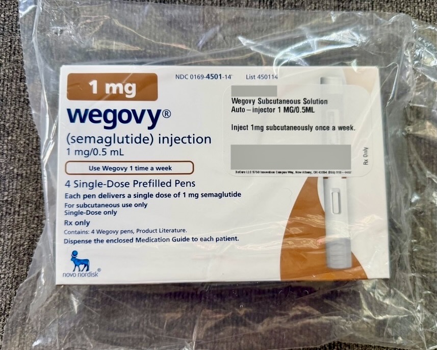 Novo Nordisk Wegovy carton of four single-dose prefilled pens at 1 mg per 0.5 mL as dispensed by Hers