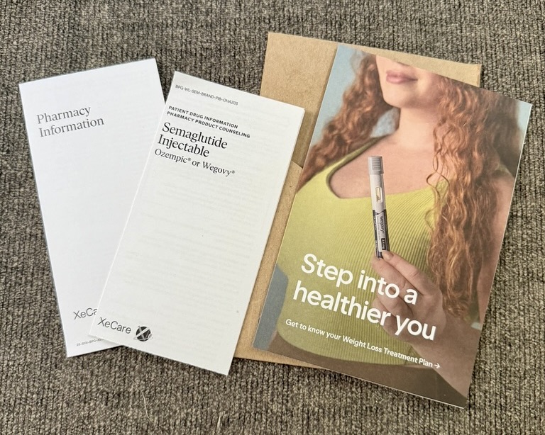 Printed materials included in the Hers Wegovy order: Novo Nordisk instructions for use, medication guide, and XeCare counseling leaflets
