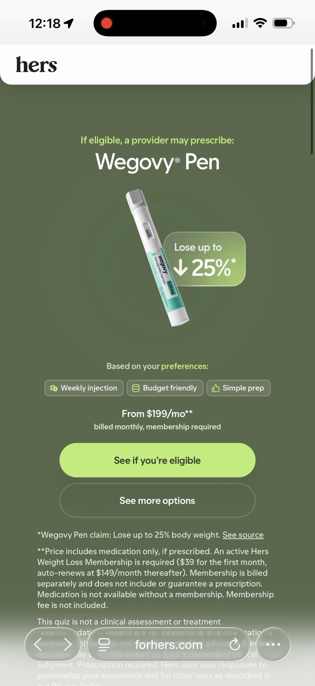 Hers quiz result recommending the Wegovy pen from $199 a month with budget friendly and simple prep tags