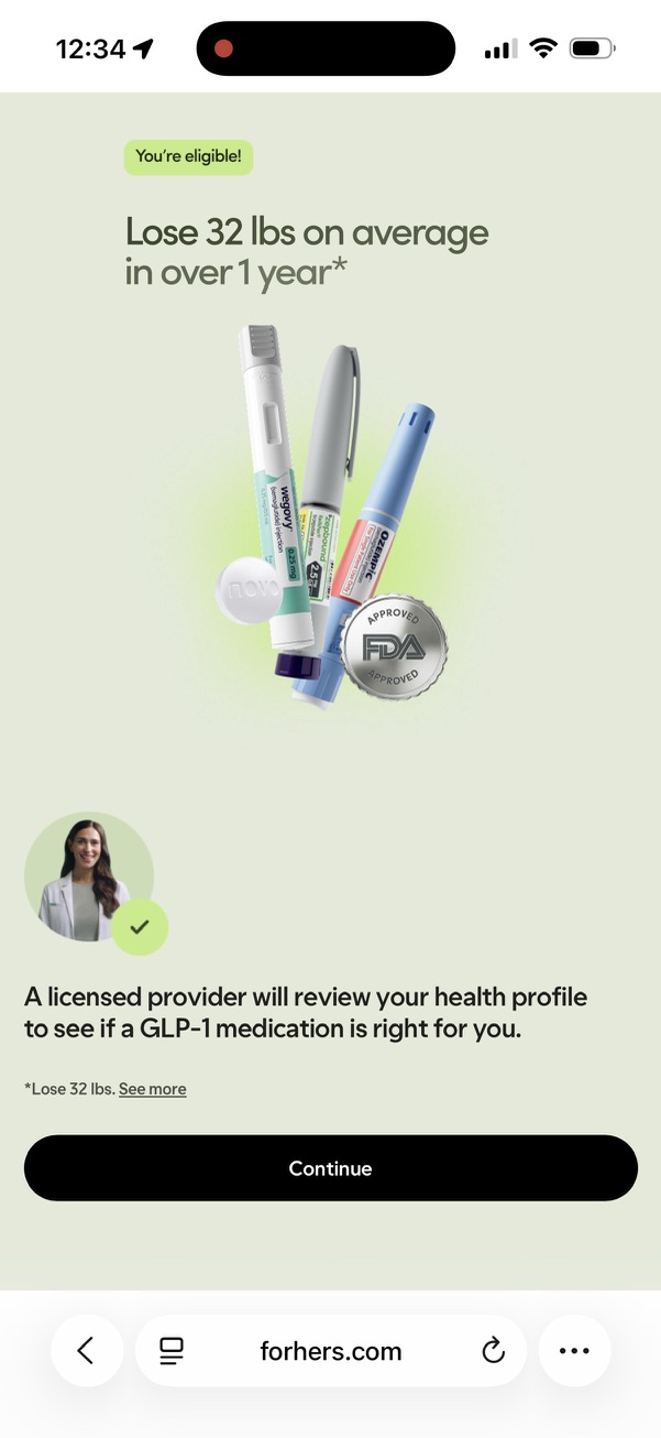 Hers eligibility screen declaring the patient eligible with an average weight loss headline, shown before any clinician review