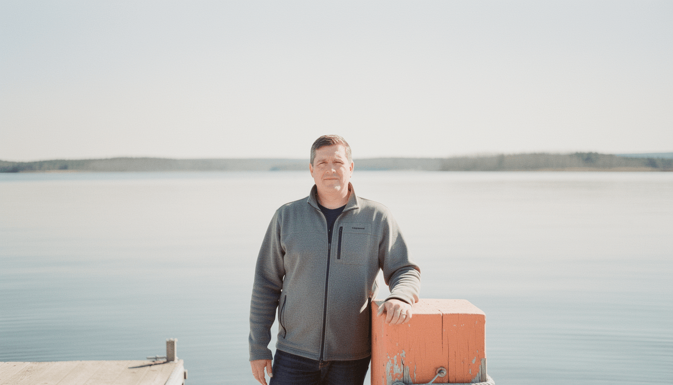 A man in his late thirties stands at the end of a dock on a clear morning.