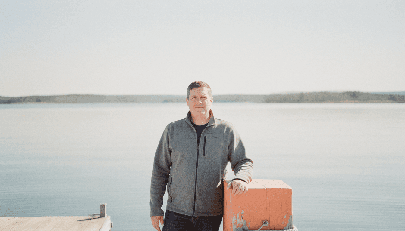 A man in his late thirties stands at the end of a dock on a clear morning.