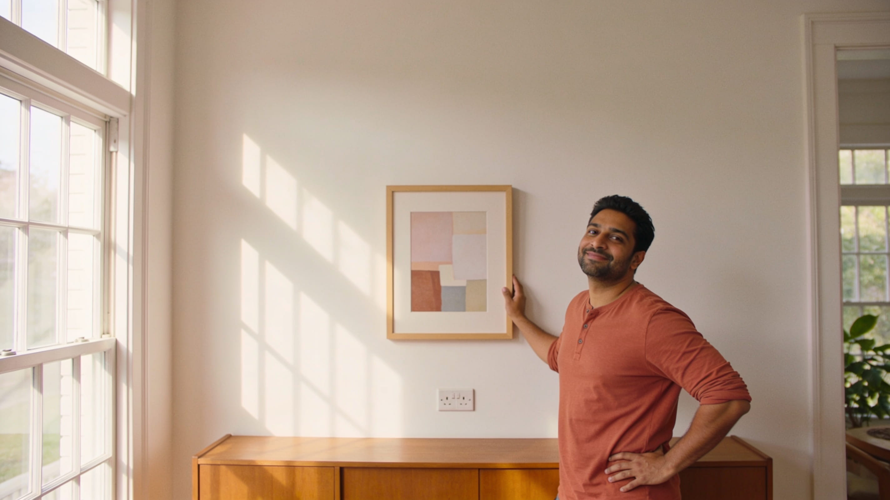 A man in his late thirties in an apricot henley hangs an abstract framed print above a low oak sideboard in a sunlit living room.