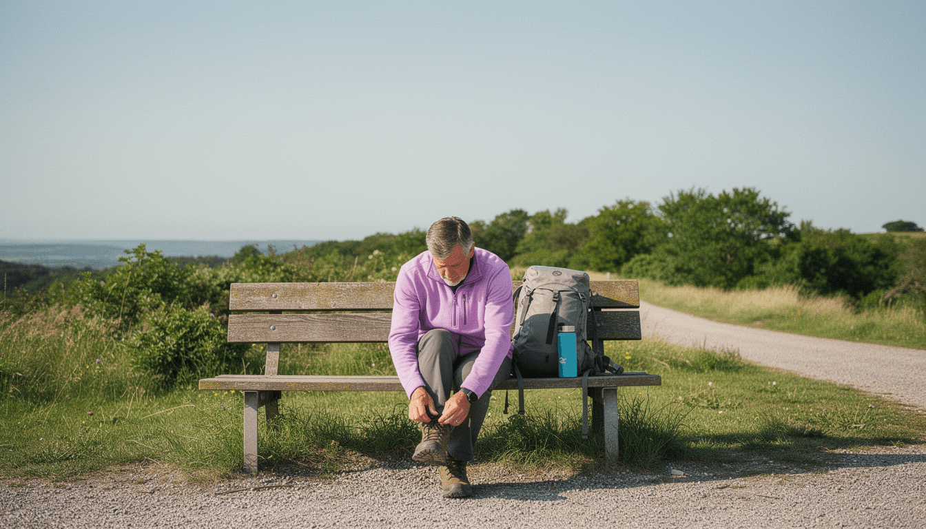A man in his late fifties laces a hiking boot on a trailhead bench on a clear morning.