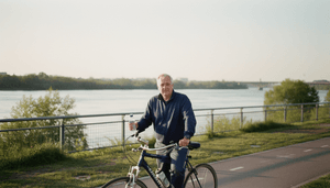 A man in his late forties pauses on a bicycle by a river, holding a teal water bottle.