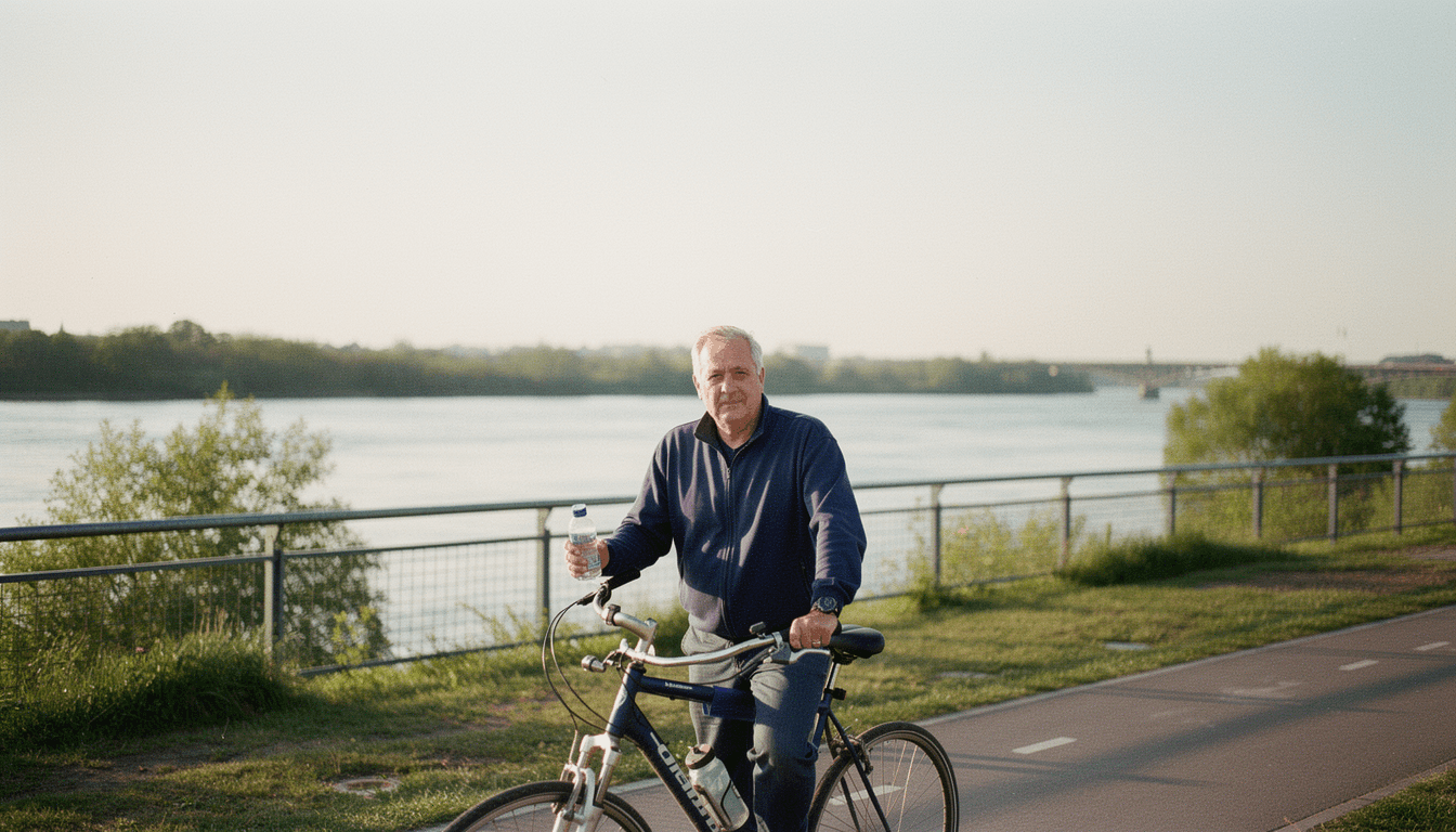 A man in his late forties pauses on a bicycle by a river, holding a teal water bottle.