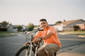 A man in his late thirties crouches beside a bicycle pumping up the front tire on a sunlit street.