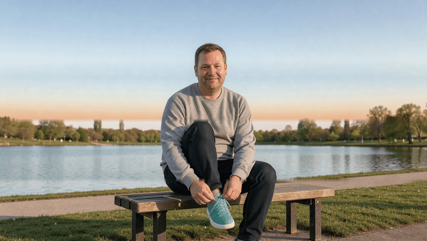 A man in his late thirties reties an aqua sneaker on a lakeside bench during an afternoon walk.