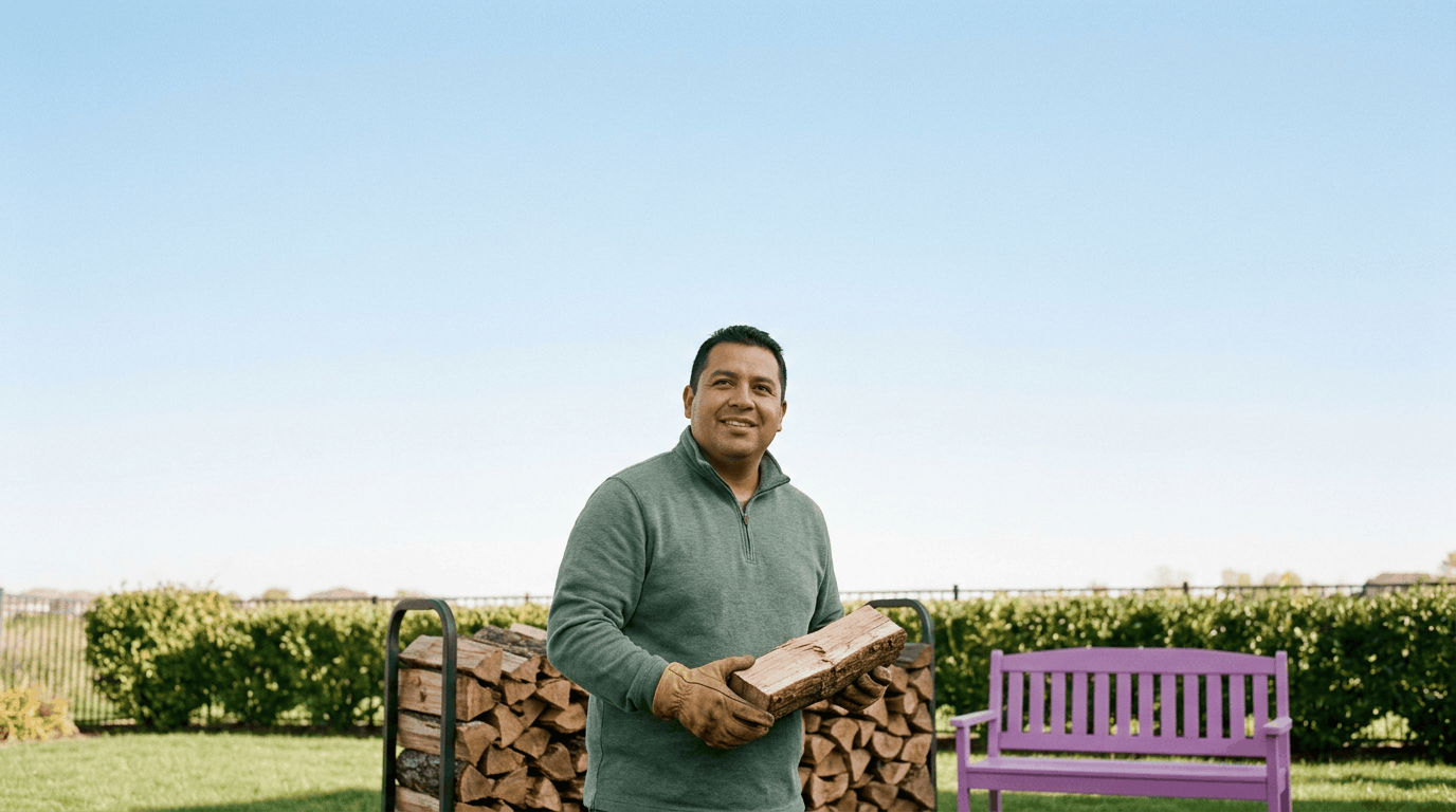 A man in his late thirties stacks firewood in his backyard beside a purple garden bench.