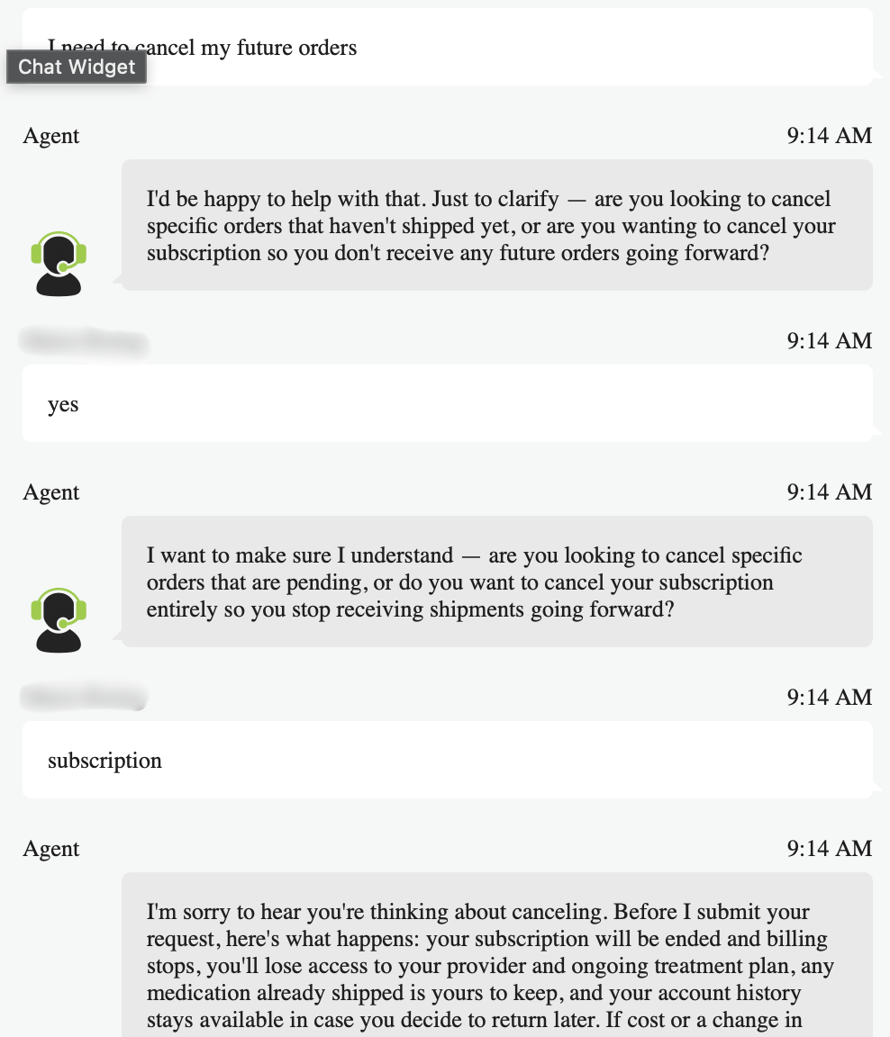 MEDVi support chat where the AI agent asks twice whether the patient wants to cancel pending orders or the whole subscription