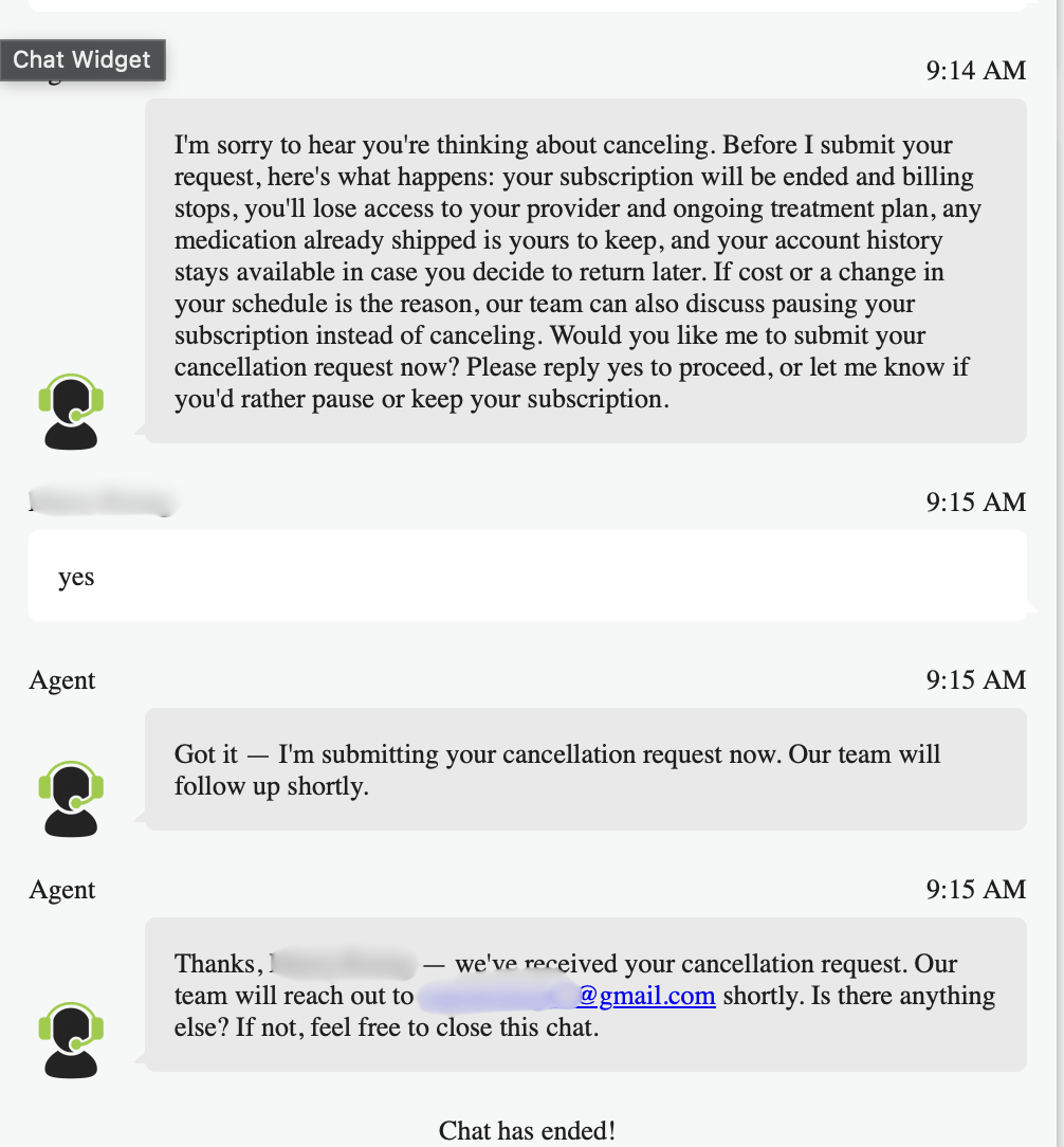 MEDVi support chat where the AI agent explains what canceling means, offers a pause instead, and confirms the cancellation request was submitted