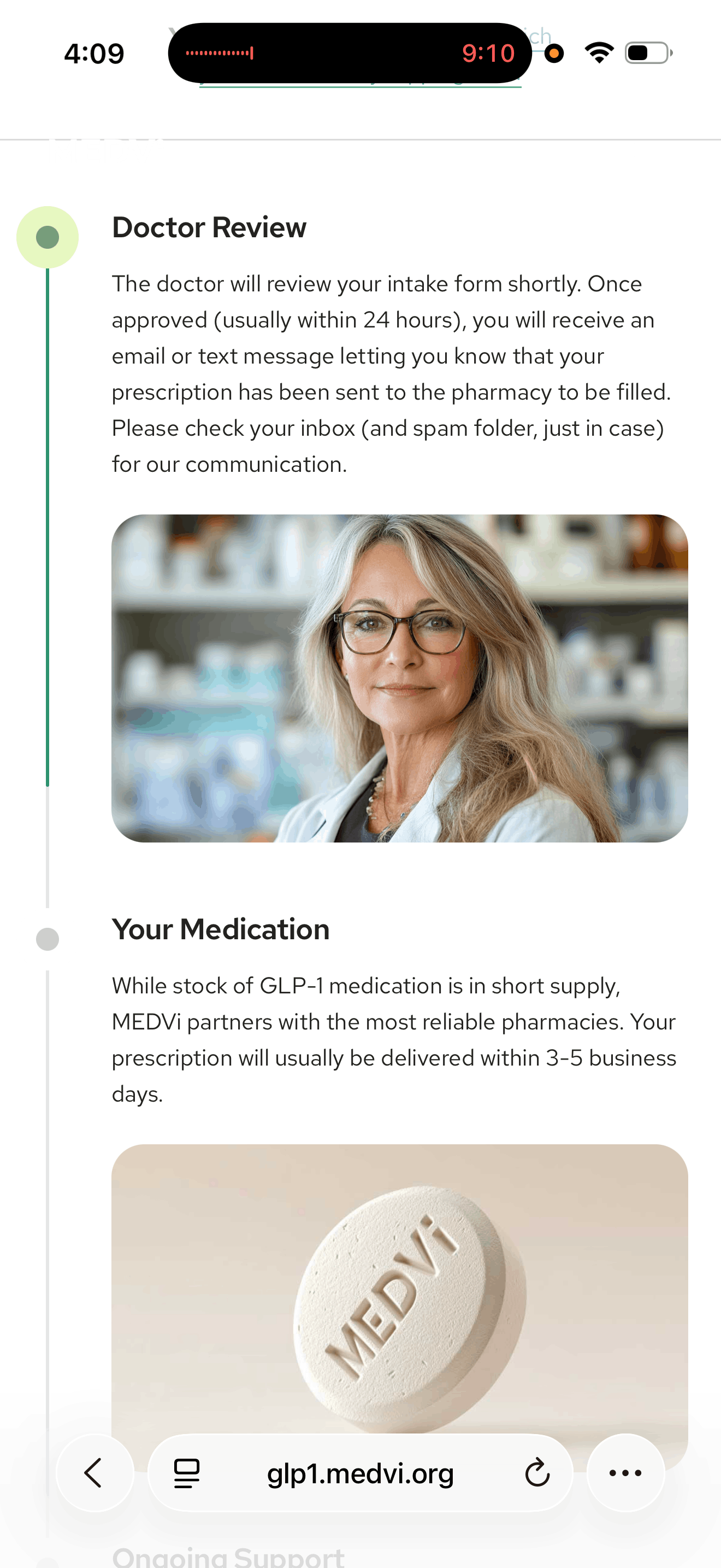 MEDVi confirmation page timeline showing doctor review usually within 24 hours and medication delivered within 3 to 5 business days