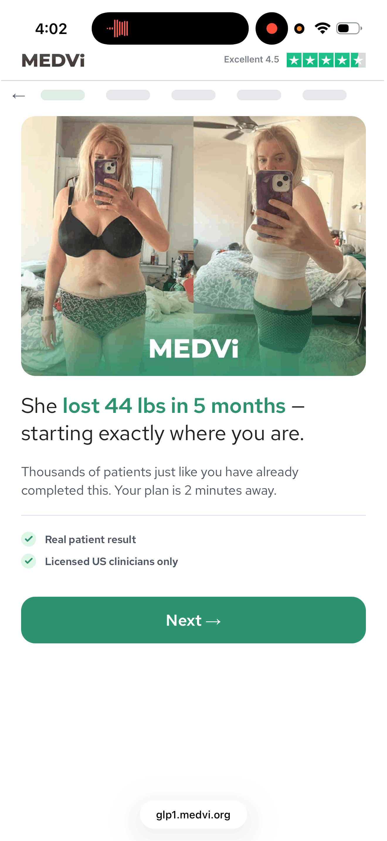 MEDVi intake screen showing a before-and-after photo pair with a weight-loss headline that MEDVi presents as a real patient result