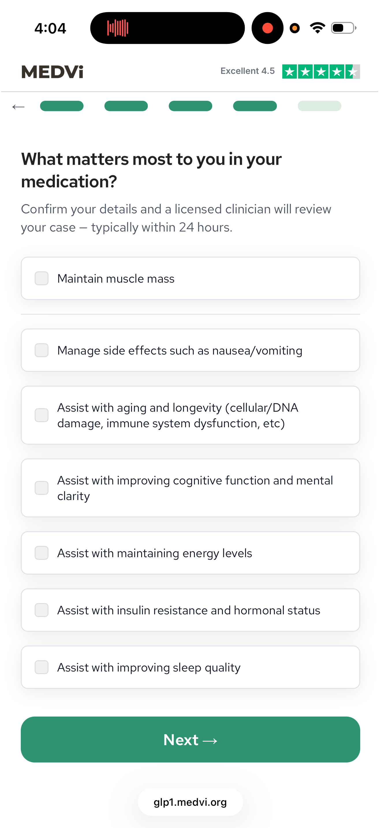 MEDVi intake screen asking what matters most in your medication with seven checkboxes including muscle mass and side effects
