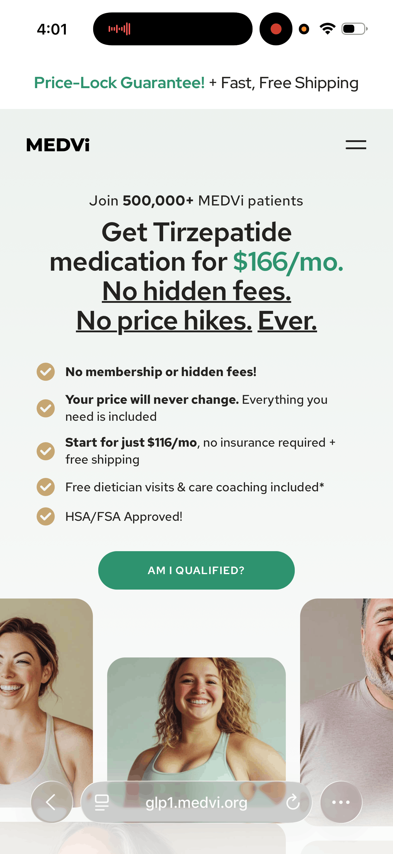 MEDVi landing page advertising tirzepatide at $166 a month with a price-lock guarantee and a start for $116 a month line below