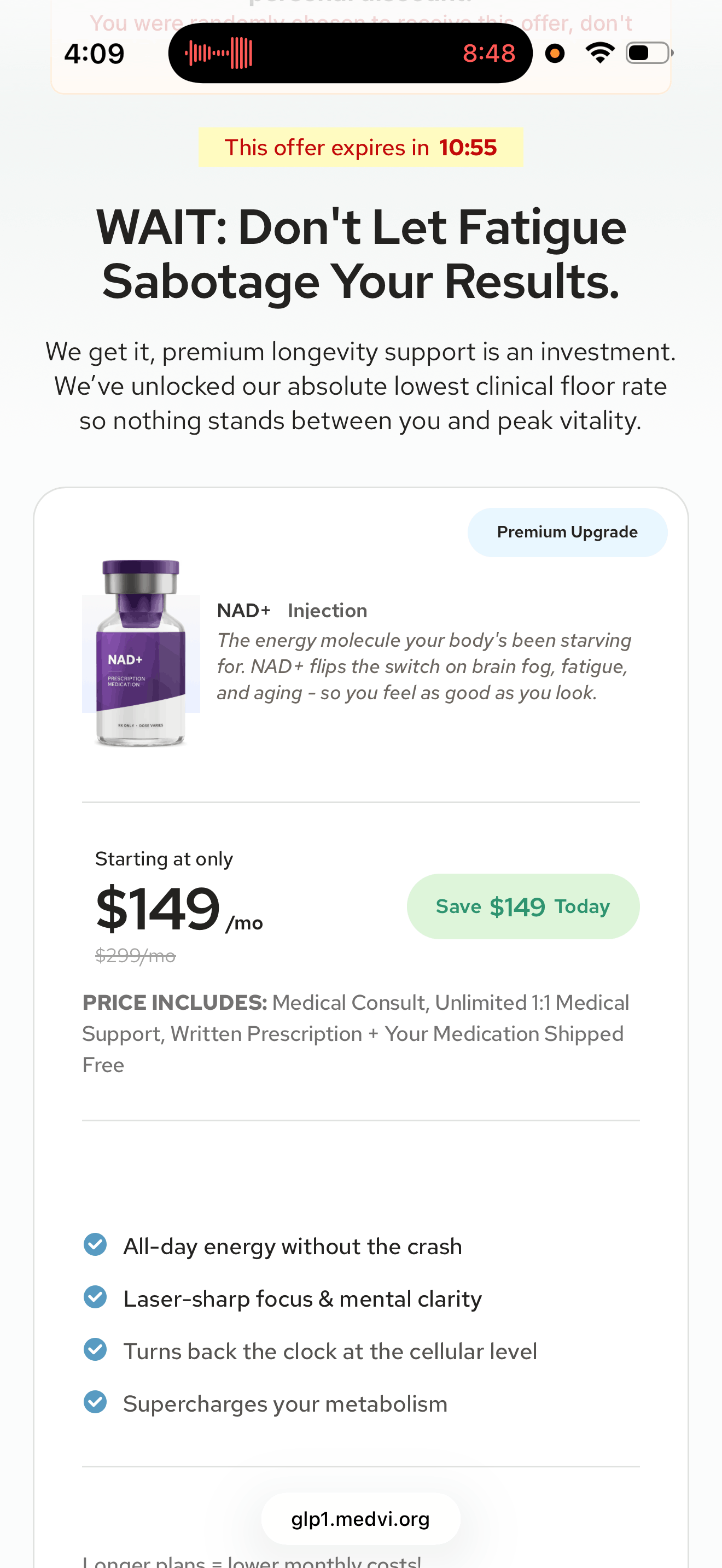 MEDVi NAD+ re-offer at $149 a month headed don't let fatigue sabotage your results after declining the first price