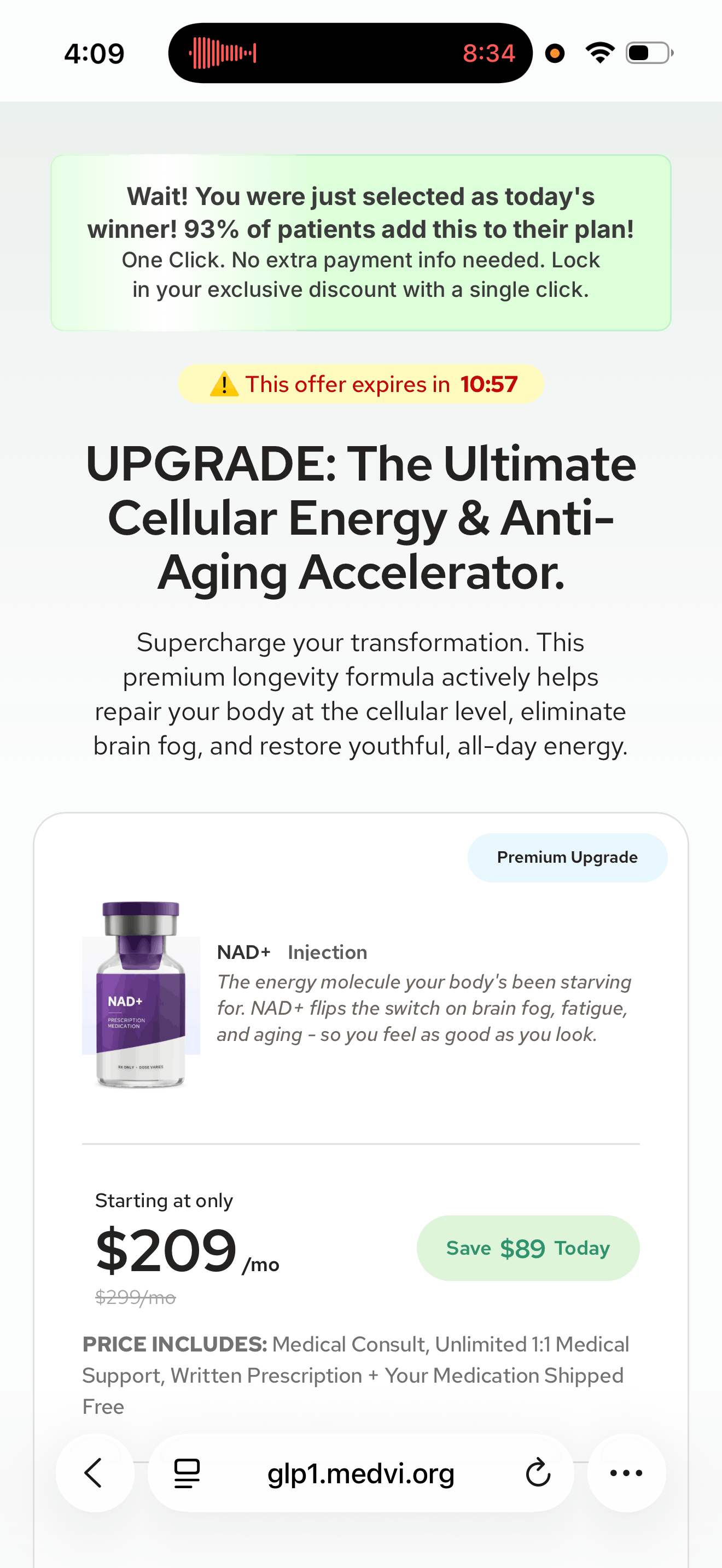 MEDVi NAD+ upsell at $209 a month headed the ultimate cellular energy and anti-aging accelerator with a countdown timer