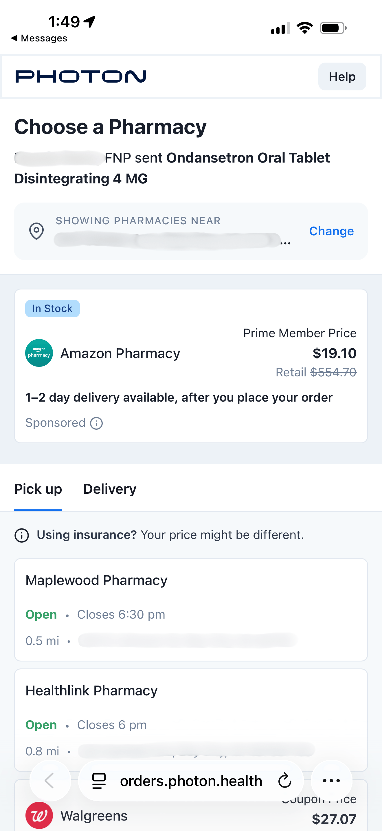 Photon Health choose a pharmacy screen for ondansetron 4 mg showing Amazon Pharmacy at $19.10 with Prime and Walgreens at $27.07