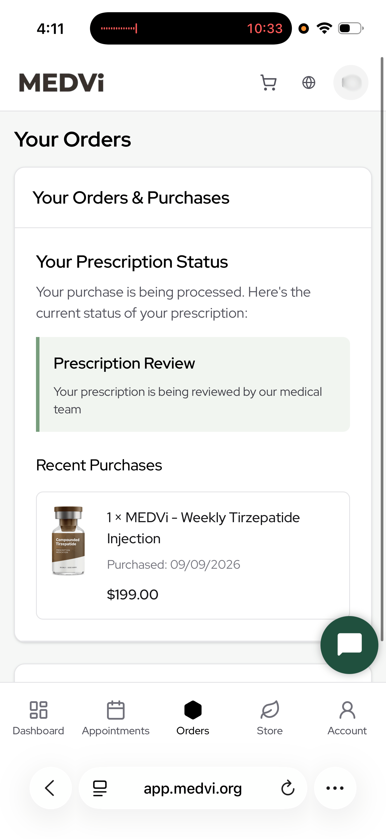 MEDVi patient portal Orders tab showing a $199 purchase on September 9 2026 with prescription status under medical review