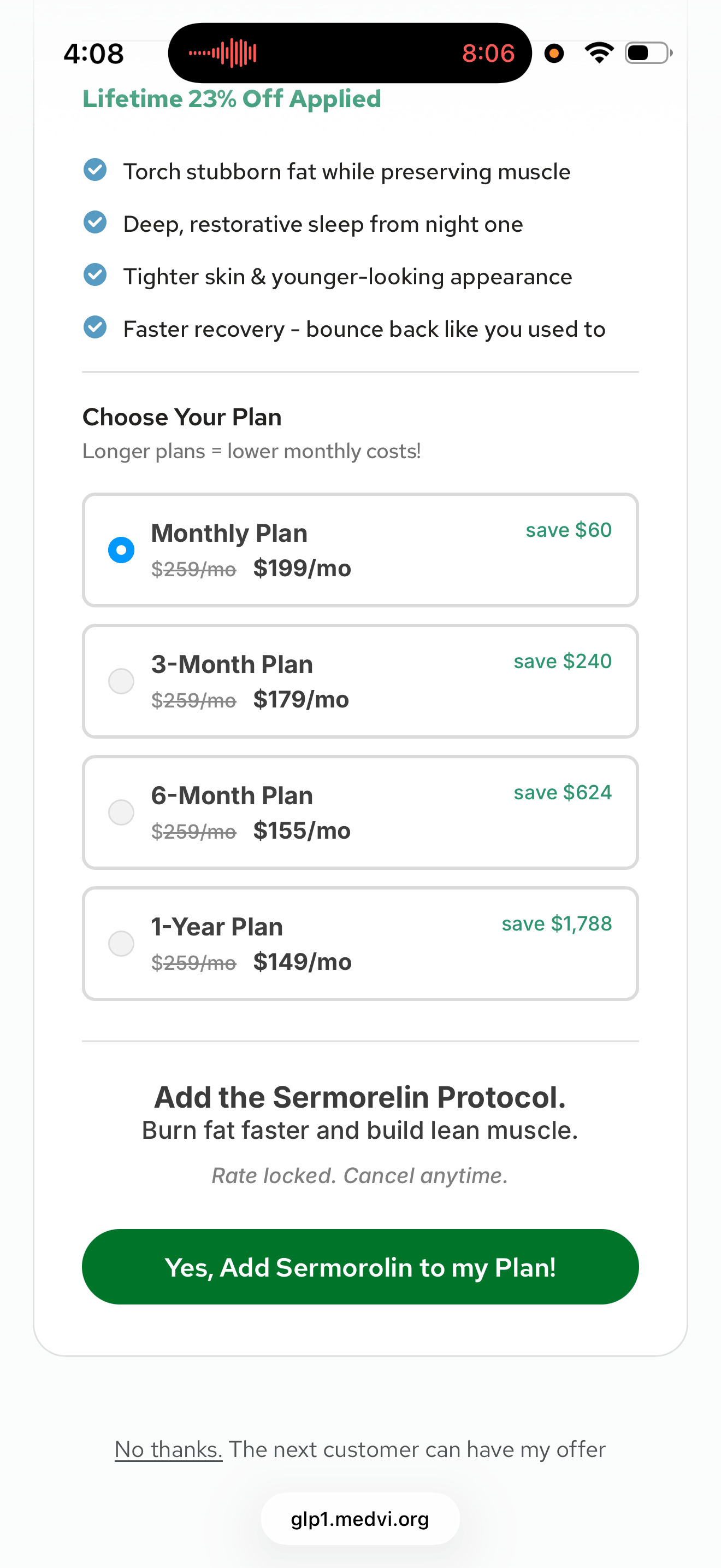 MEDVi Sermorelin plan options at $199 monthly down to $149 on a one-year plan, with a decline link reading the next customer can have my offer