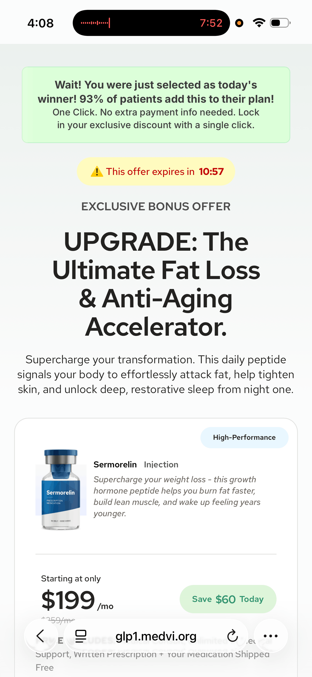 MEDVi post-checkout Sermorelin upsell at $199 a month with a banner saying you were selected as today's winner and a countdown timer