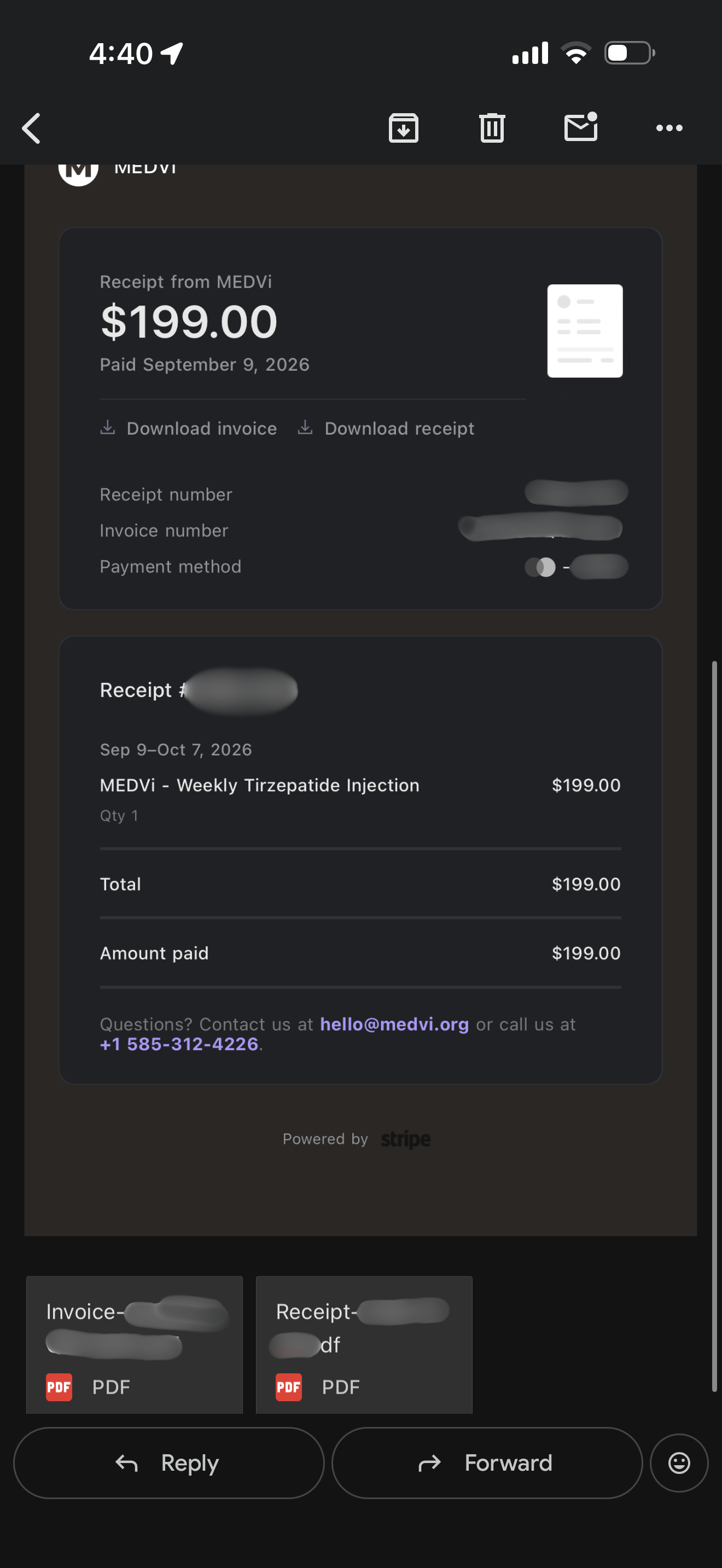 Stripe receipt from MEDVi for $199 paid September 9 2026 covering the billing period September 9 to October 7