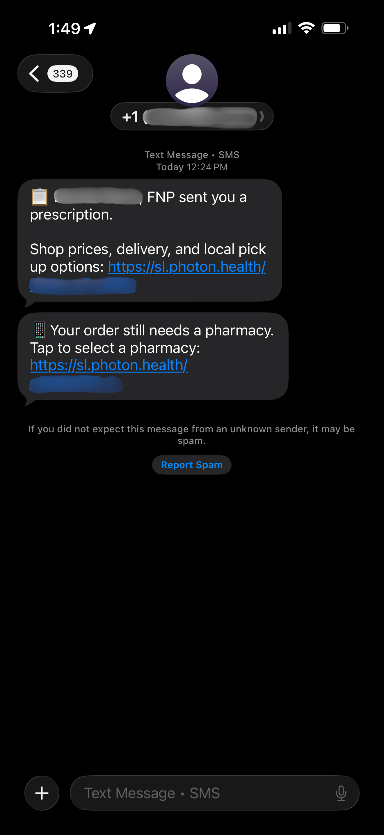 Text message from an unknown number saying a nurse practitioner sent a prescription with Photon Health links to choose a pharmacy