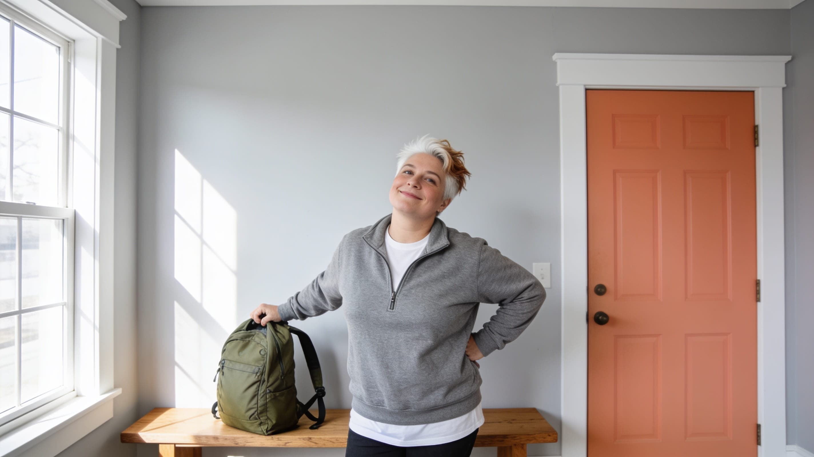 A person in their late forties tightens a daypack strap by an apricot front door.