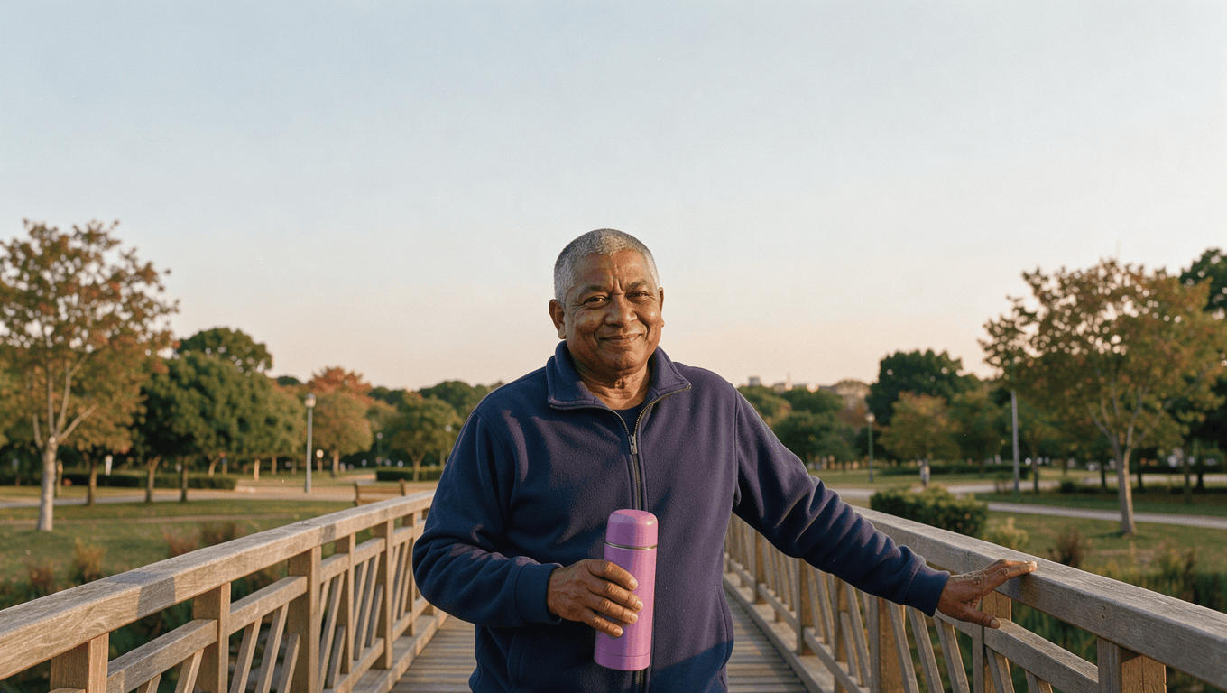A person in their early sixties pauses on a park footbridge with a purple thermos in late-afternoon light.
