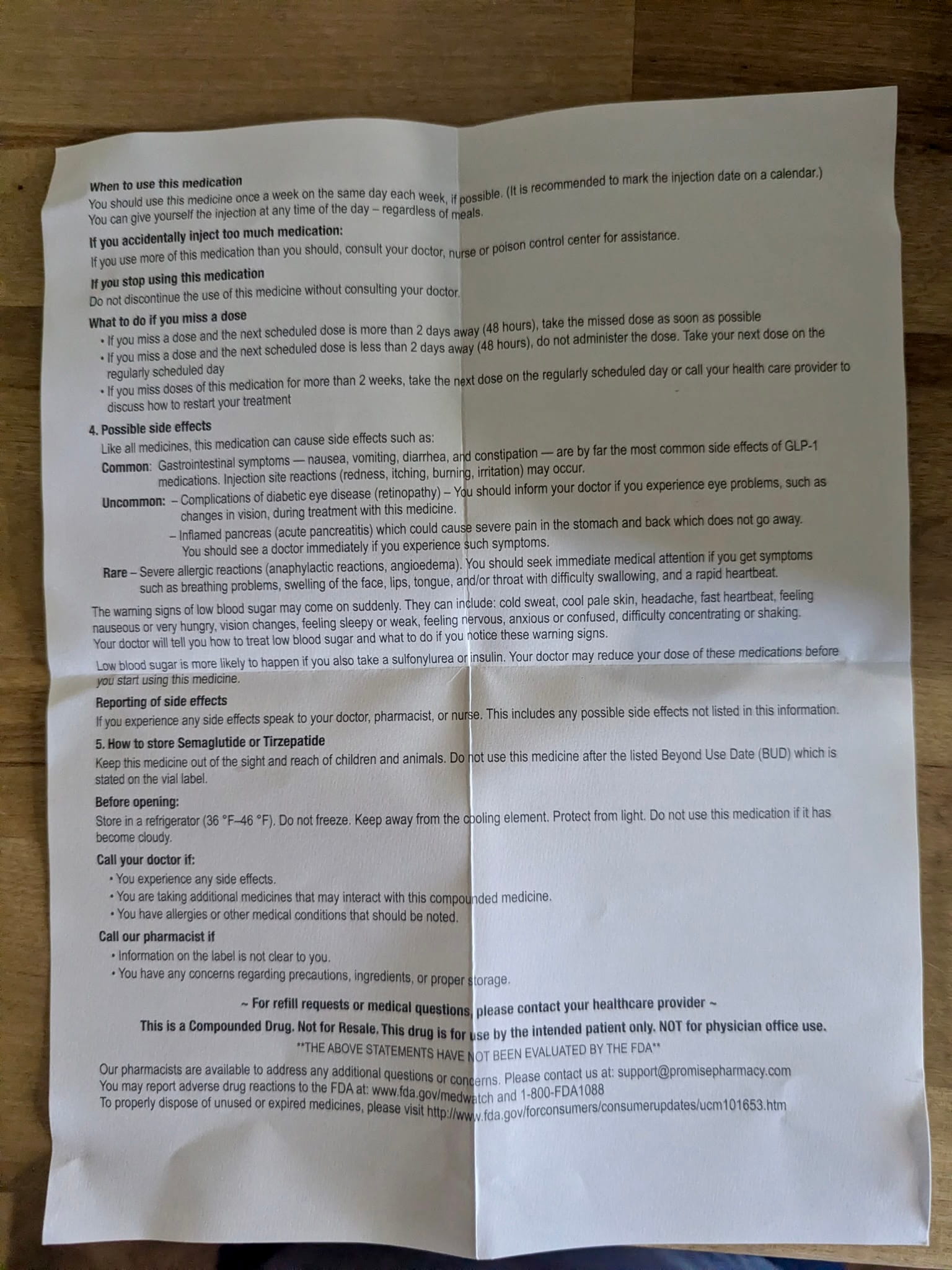 Promise Pharmacy leaflet back page with FDA disclaimer "statements have not been evaluated by FDA," storage temperatures 36-46°F, compounded medication notice, safety information