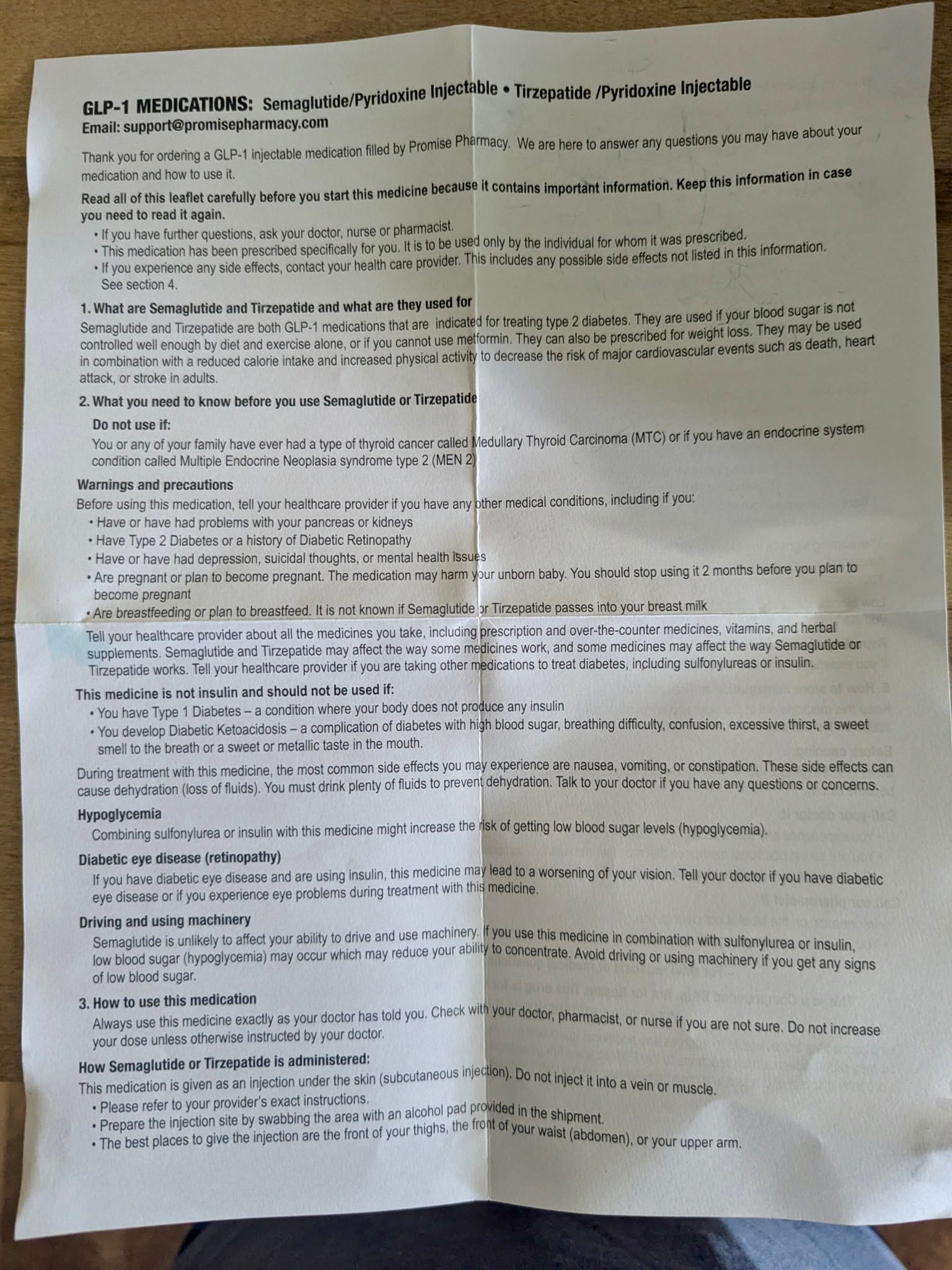 Promise Pharmacy GLP-1 patient information leaflet front page explaining tirzepatide and semaglutide, contraindications, injection instructions, and storage requirements