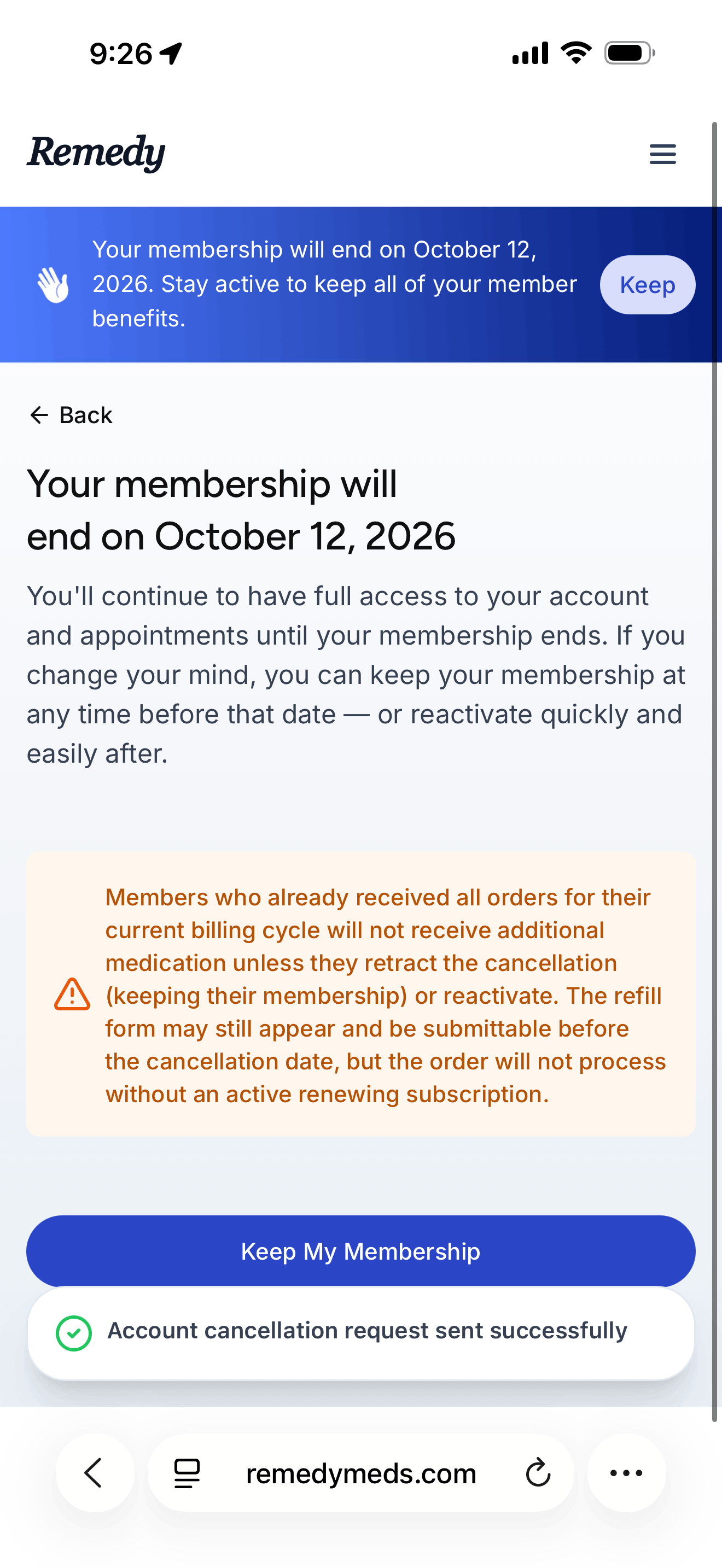 Remedy Meds confirmation that the membership will end on October 12, 2026, with a note that refill orders will not process without an active subscription and a cancellation request sent successfully banner